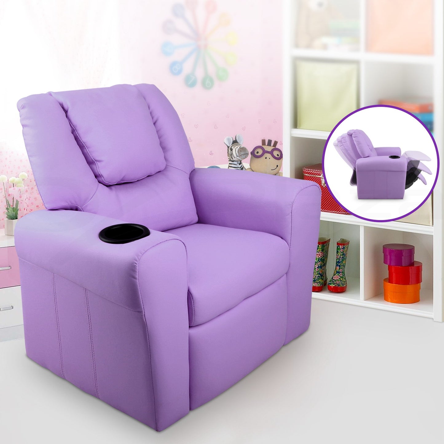 Keezi Kids Recliner Chair Purple PU Leather Sofa Lounge Couch Children Armchair