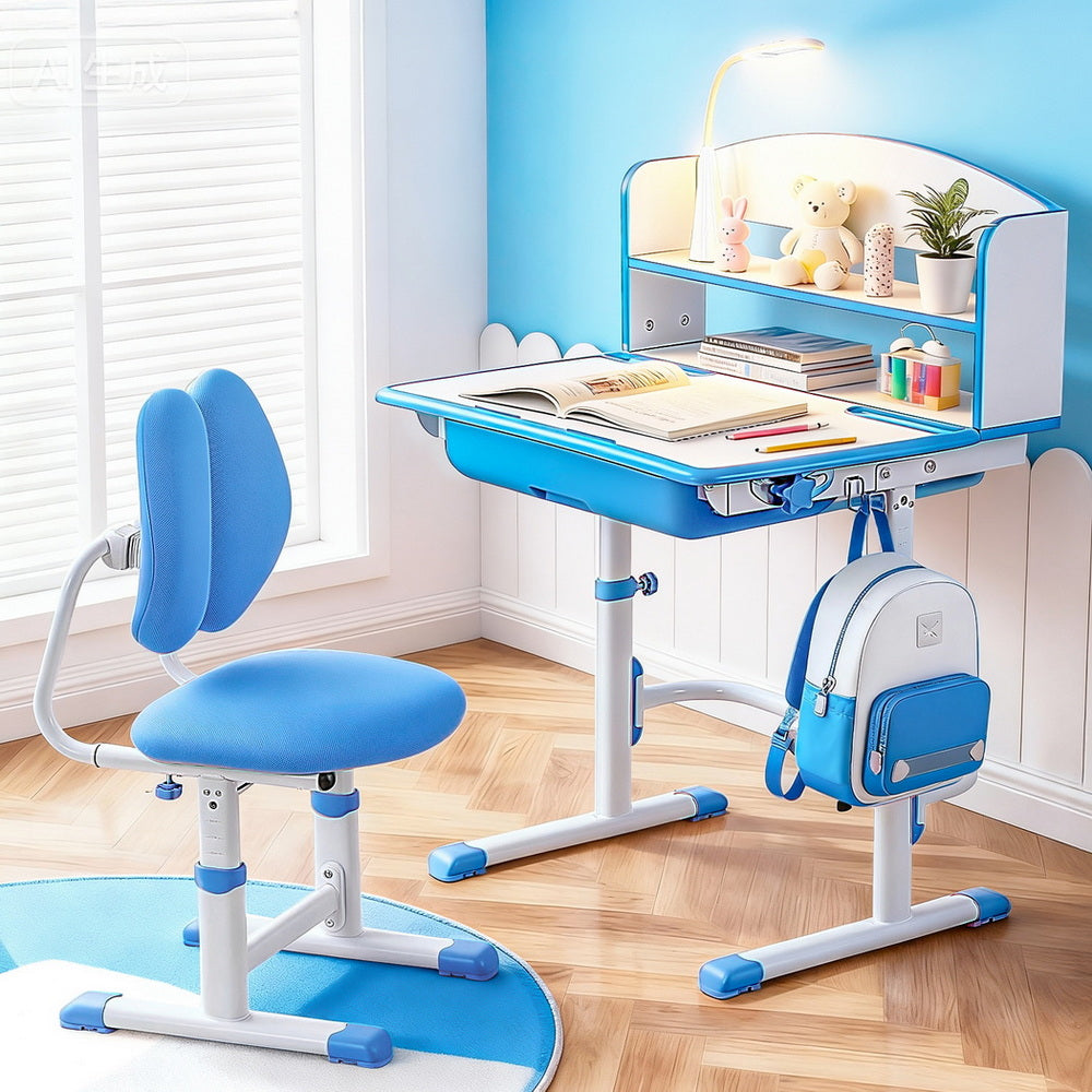 Keezi Kids Study Desk Chair Set Adjustable Ergonomic Table LED Lamp Blue