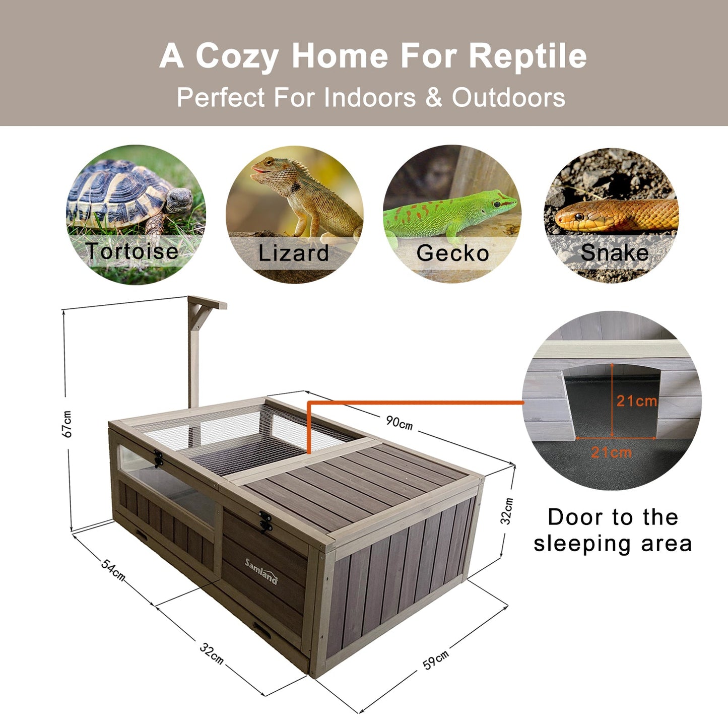 Samland Wooden Tortoise House Cage, Indoor Enclosure House Reptile Habitat Cage Box
