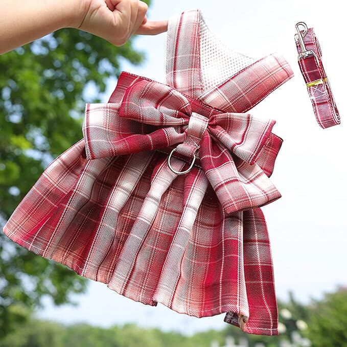 Pet products Dog Dress Bowknot Harness Leash Set for Small Dogs Girl Cute Plaid Dog Dress Pearls Bow Tie Spring Summer Princess Clothes Birthday Holiday Doggie Outfits for Puppy Cats Girl Apparel