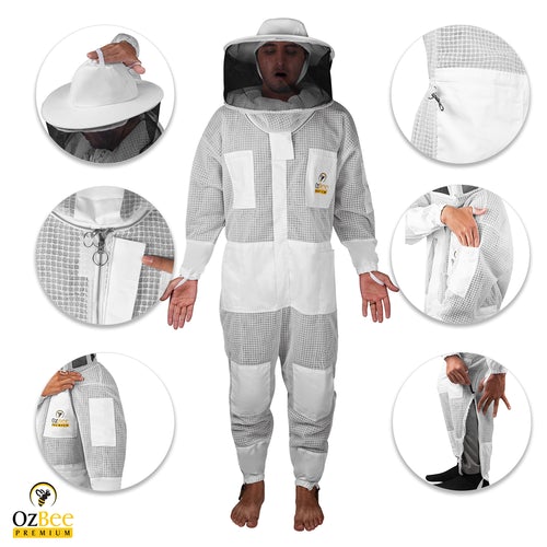 OZBee Premium Full Suit 3 Layer Mesh Ultra Cool Ventilated Round Head Beekeeping Protective Gear Size 3XL