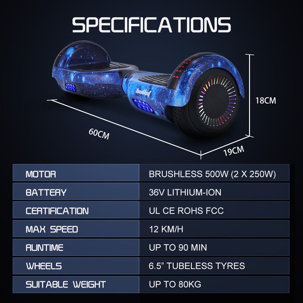 BULLET SX-2000 Hoverboard Scooter, 500W Brushless, Superior Self Balancing System, UL Certified, LED Lights, Blue Galaxy