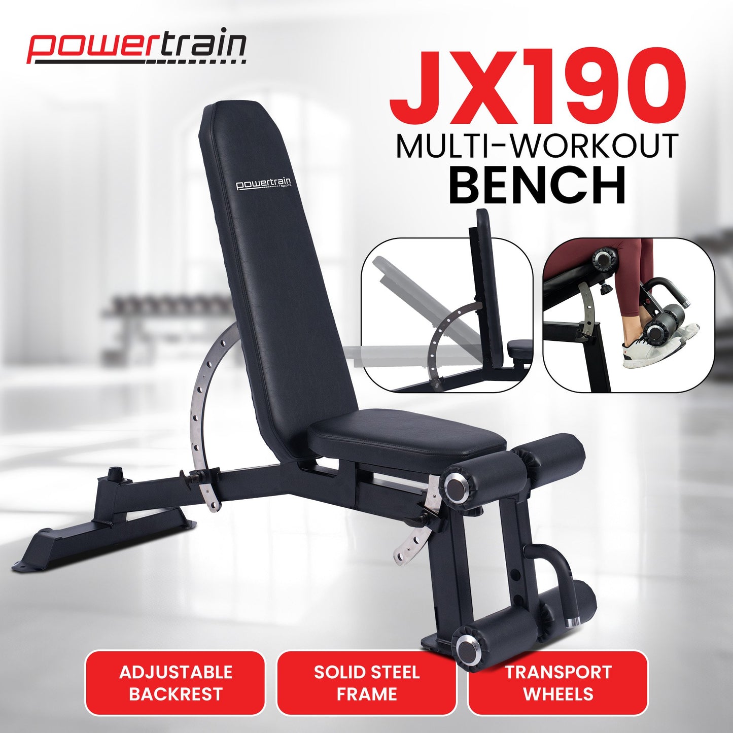 Powertrain Multi Workout Bench with Transport Wheels and Adjustable Backrest