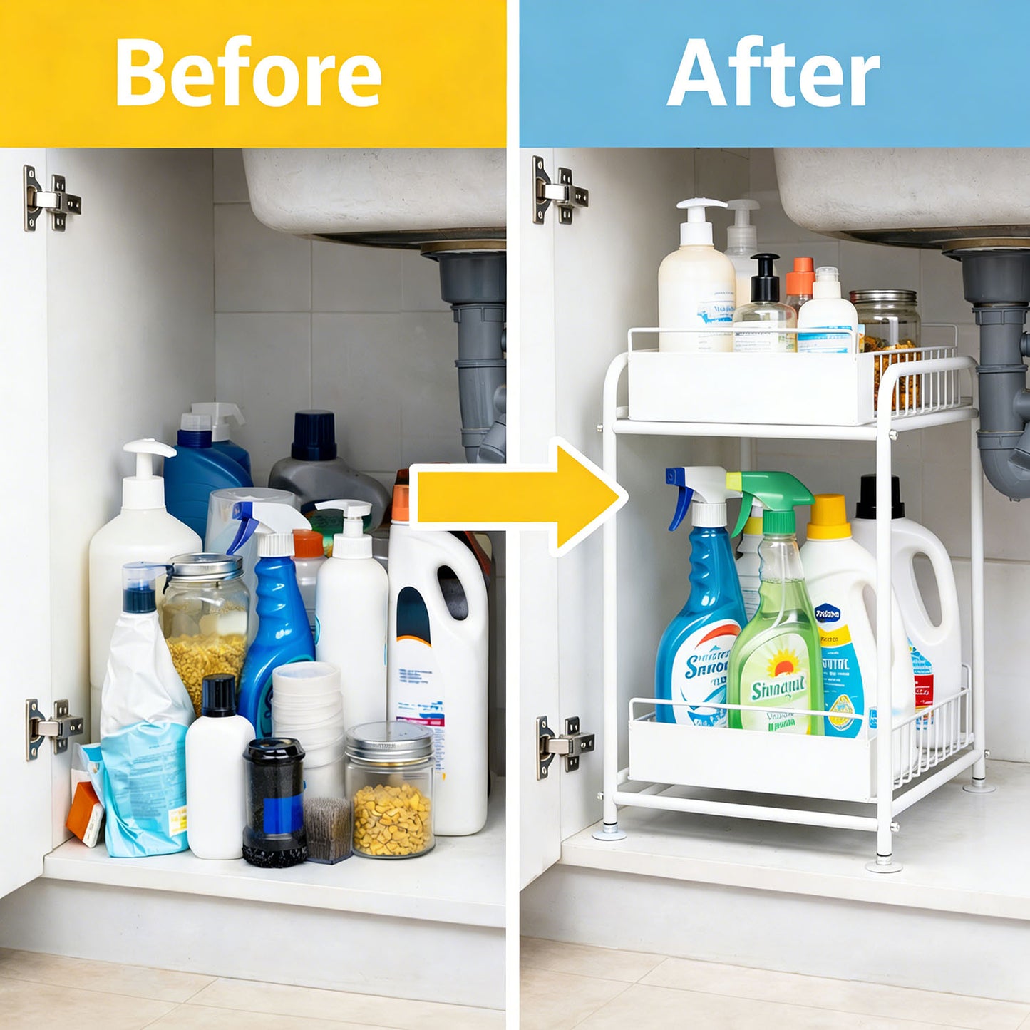 2 Tier Under Sink Storage Rack Kitchen Organizer Steel Frame with Removable Baskets & Suction Feet White