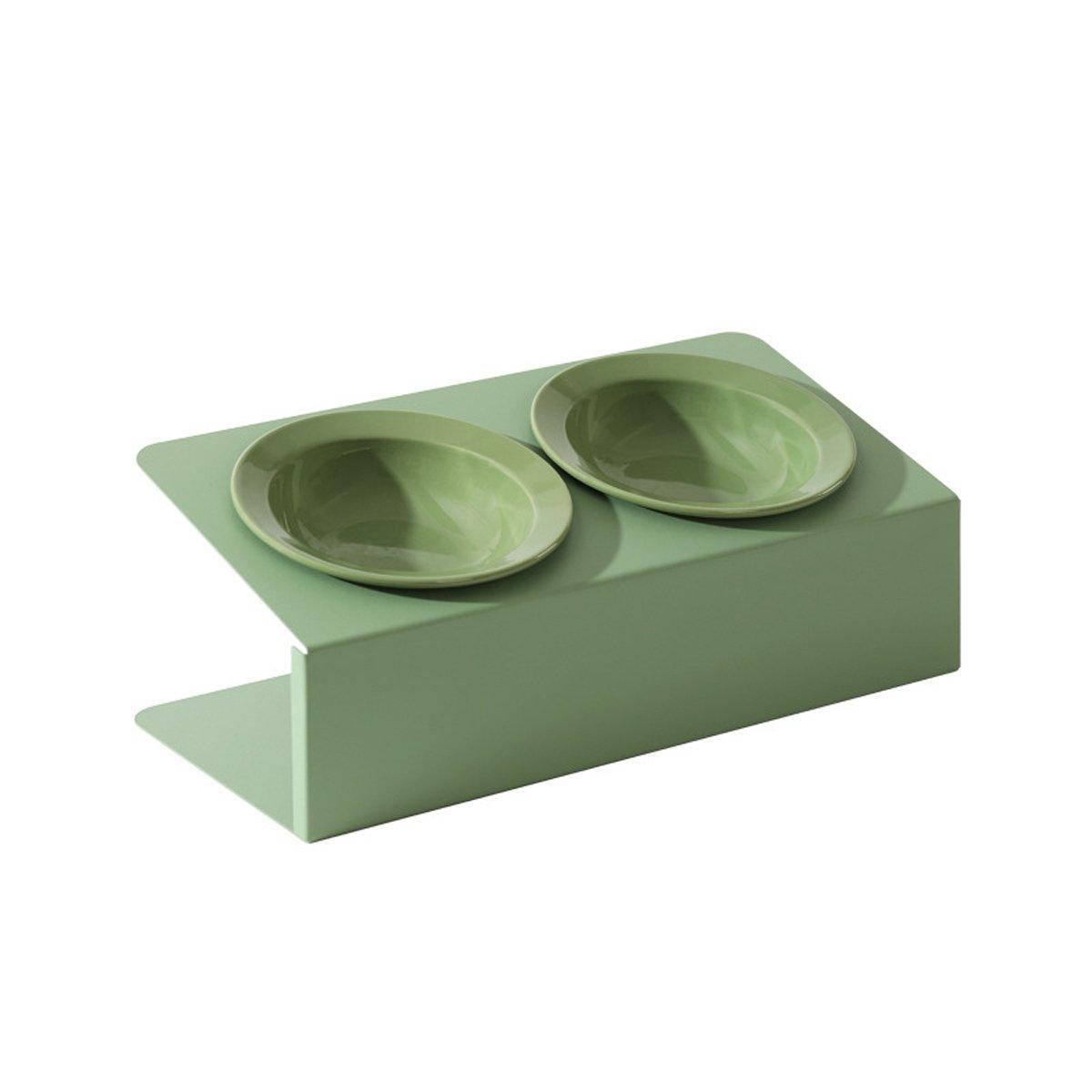 Ceramic Slanted Double Pet Bowl Cat Dog Food Water Bowl Non-Slip Feeding Dish - Green