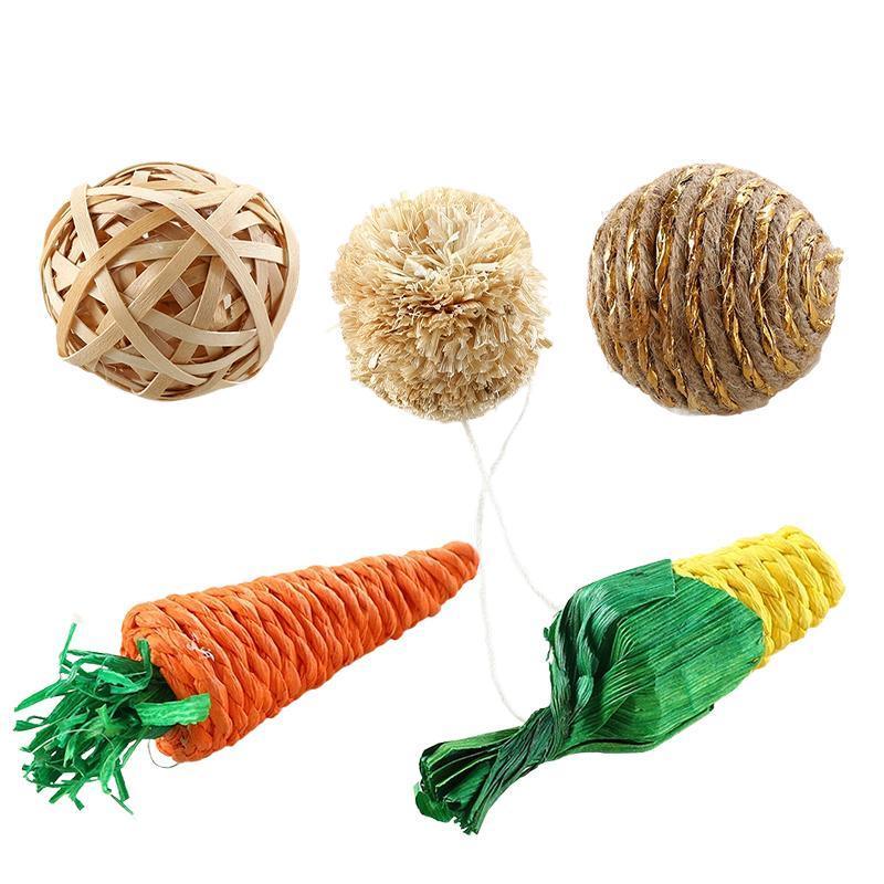 4/5PCS Pet Balls Rabbit Toys Bunny Straw Rattan Woven Chewing Ball Biting Toys - 4PCS