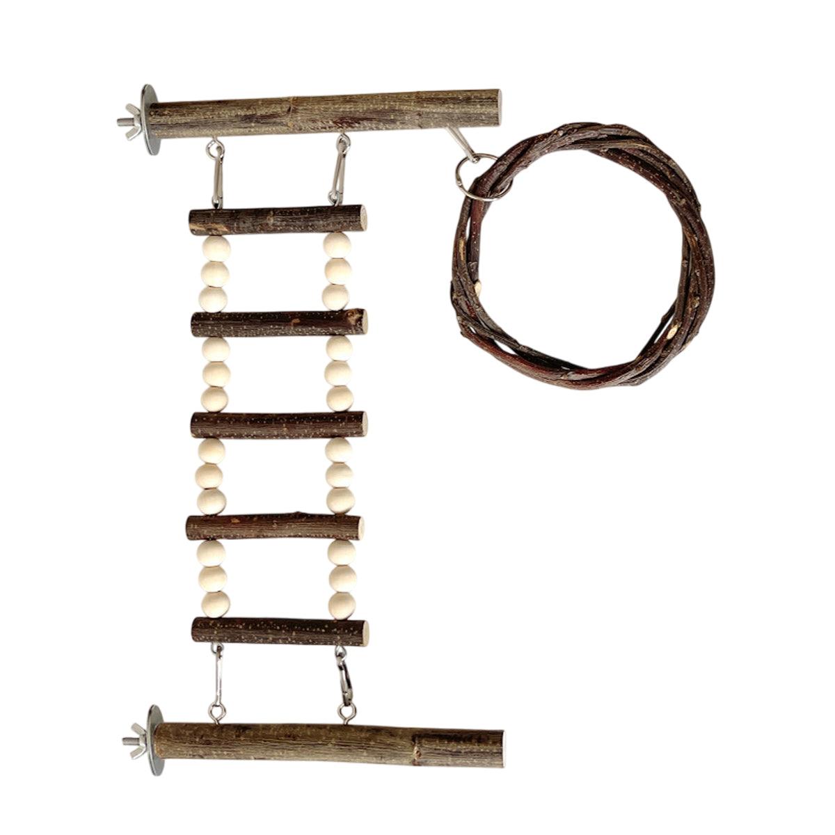 Wooden Parrot Stand Climbing Ladder Swing Toy for Birds Cage Play Accessories - Suction Cup Type