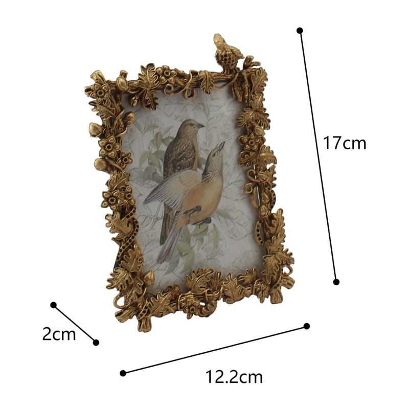 Antique Gold Photoframe w Perched Bird 17cm