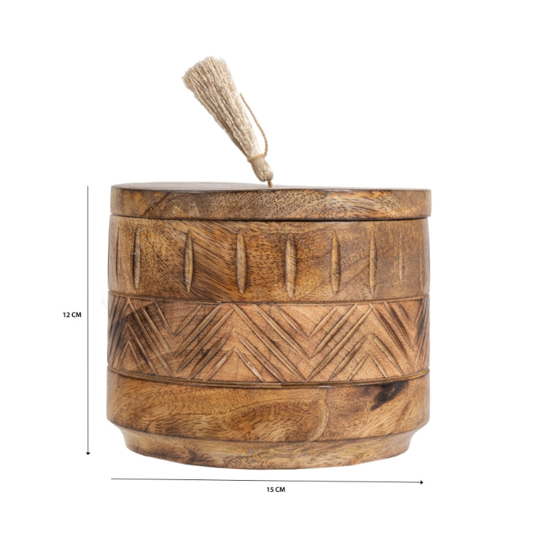 Handcrafted Round Box w Aztec Carving 15cm