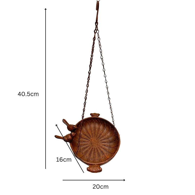 Hanging Cast-Iron Rust Birdfeeder w 2 Birds 41cm