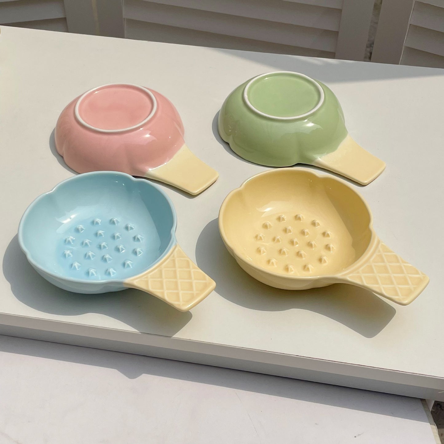 Blue and Yellow Adorable Ice Cream Cone Ceramic Slow Feeder Pet Bowl - Fun Anti-Gulp Design for Cats & Dogs