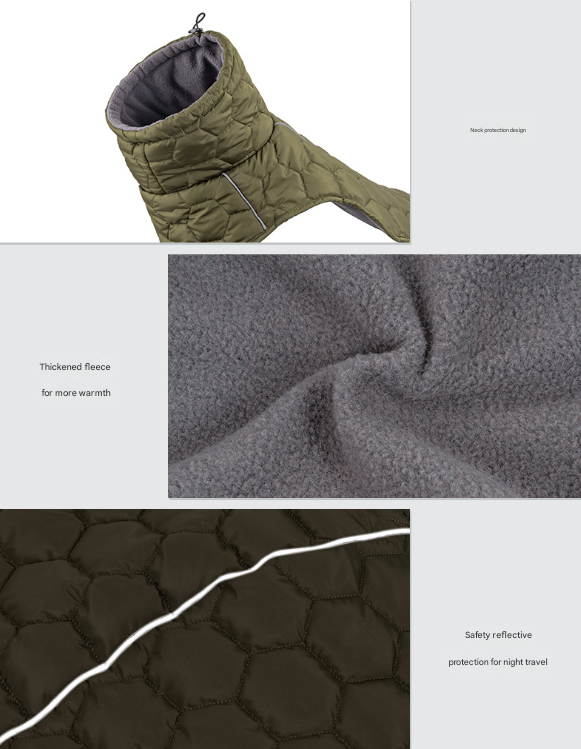 Size XL Olive Green Warm Quilted Dog Winter Coat - Adjustable Fleece-Lined Puffer Vest with Reflective Trim & Leash Port