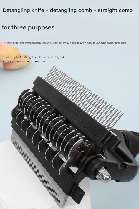 Blue and Black Professional 3-in-1 Pet Grooming Tool - Dematting Rake, Deshedding Comb & Finishing Brush for Dogs & Cats