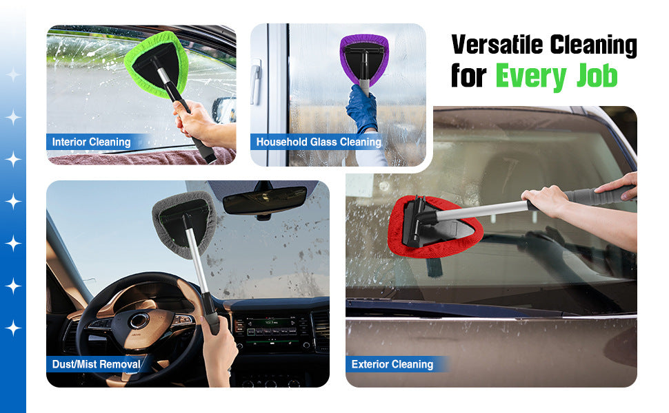 Green Car Windshield Cleaner Tool, Inside with 4 Reusable and Washable Microfiber Pads and Extendable Handle, Moisture Removal Tool