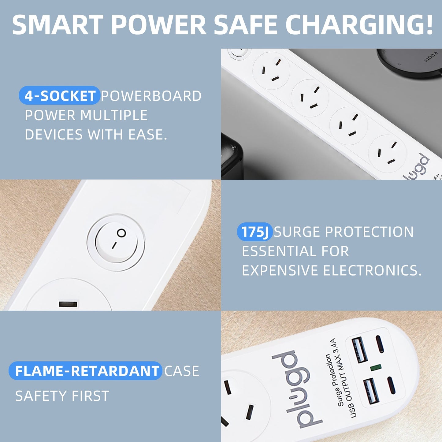 Plugd 2 USB A + 2 USB C 240V 10A Powerboard with Surge Protection