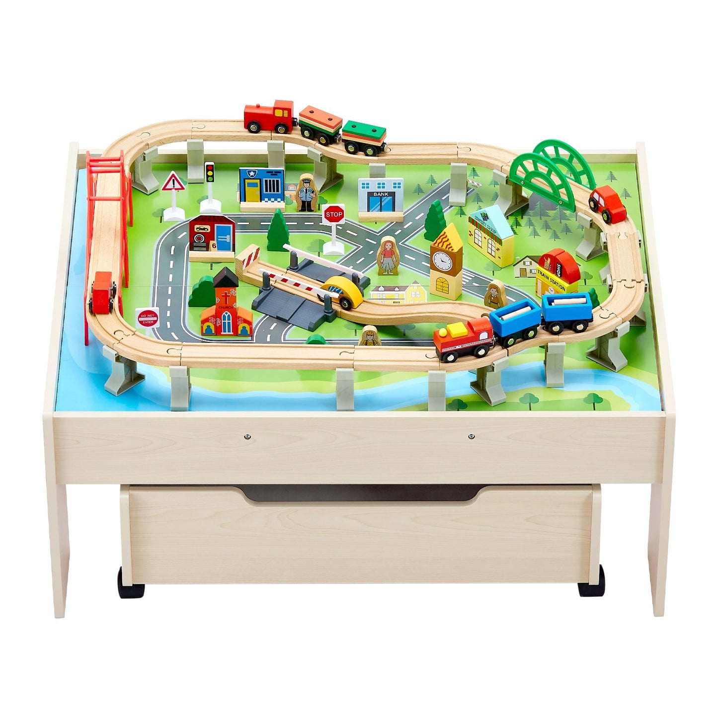 VEVOR Train Table 100 PCS Wooden Kids Activity Table with Rolling Storage Drawer