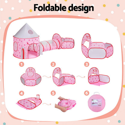 Keezi Kids Playhouse Play Tent Pop Up Castle Crawl Tunnel Basketball Hoop Pink