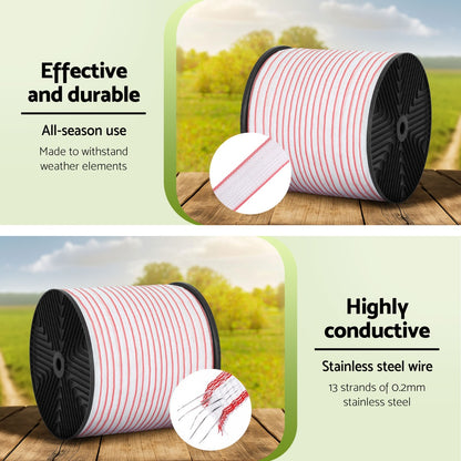 Giantz Electric Fence Tape Polytape 400M Electric Fence Wire Red White