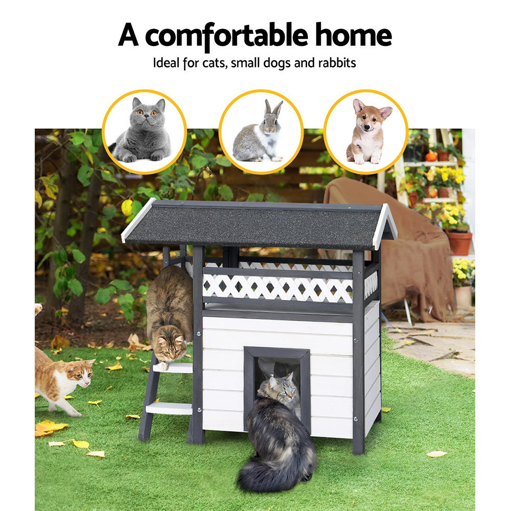 i.Pet Outdoor Cat House Shelter 77cm x 50cm x 73cm Rabbit Hutch Wooden Condo Small Outdoor Cat House