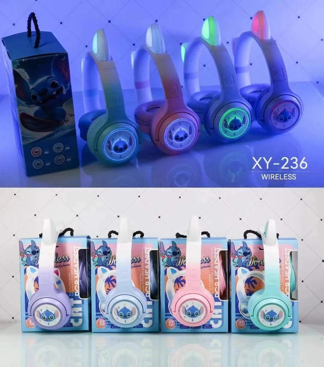 New Disney Stitch Wireless Bluetooth Kids Headphones XY-236 HIFI Sound Stereo Foldable Headsets with Mic for Kids Anime Cartoon