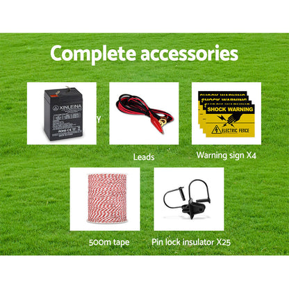 Giantz Fence Energiser 5KM Solar Powered Electric 500M Poly Wire Insulator