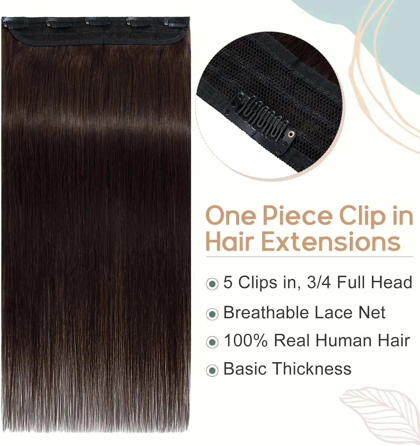 Straight Clip in Hair Extensions Real Human Hair 3/4 Full Head Weft Thicker Hair With 5 Clip High Quality For Women #2 One Piece