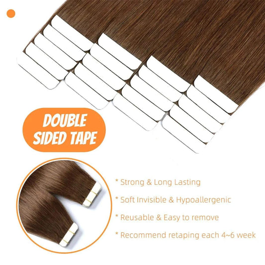 Tape in Hair Extensions Human Hair #4 Straight Real Hair Extensions Tape in Remy Seamless Skin Weft Invisible 20pcs 16-26 inches