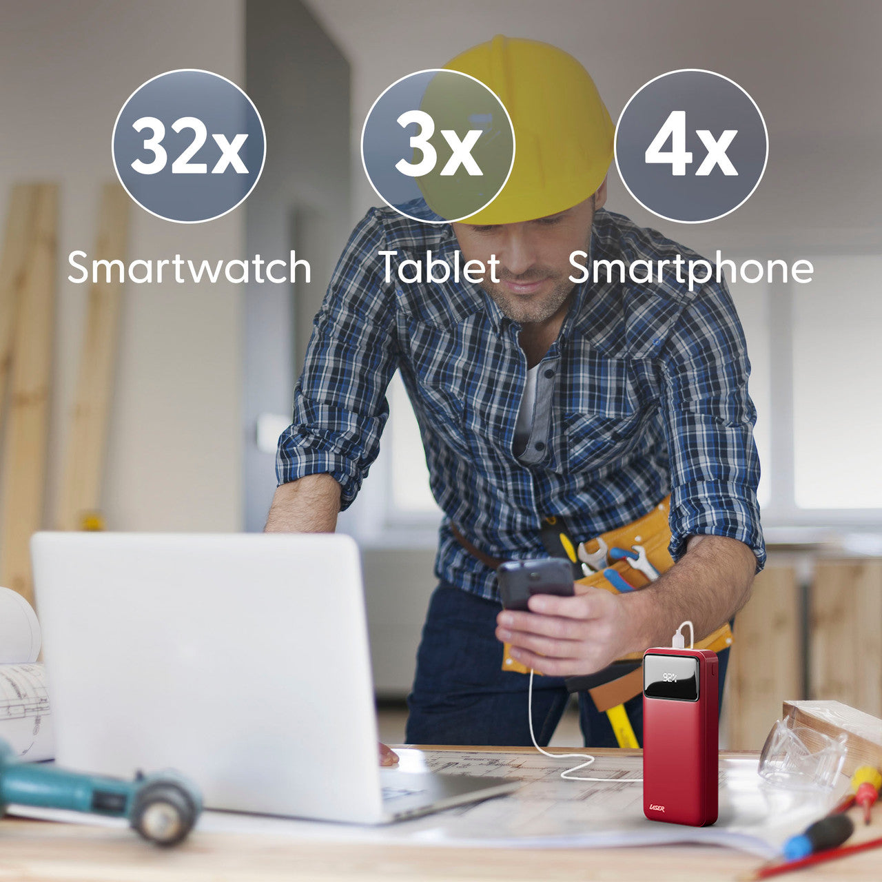 Laser 20000mAh Powerbank 18W PD with LED Red