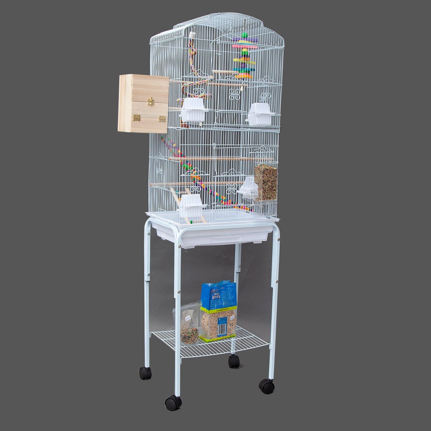 Samland DOME TOP HIGH BIRD CAGE ON STAND WITH PLAY TOYS WHITE