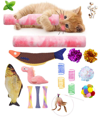 Cat Toys,Interactive Kitten Toy for Indoor Kitty Exercise 14 Piece with Fish Catnip Spiral Spring, Tube, Crinkle Balls Helps Reduce Stress & Provide Anxiety Relief for Cats