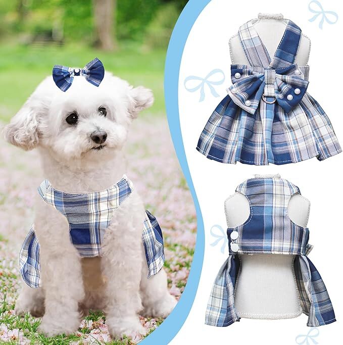 Pet products  Dog Dress Bowknot Harness Leash Set for Small Dogs Girl Cute Plaid Dog Dress Pearls Bow Tie Spring Summer Princess Clothes Birthday Holiday Doggie Outfits for Puppy Cats Girl Apparel