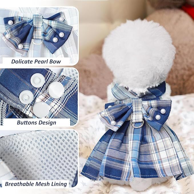 Pet products Dog Dress Bowknot Harness Leash Set for Small Dogs Girl Cute Plaid Dog Dress Pearls Bow Tie Spring Summer Princess Clothes Birthday Holiday Doggie Outfits for Puppy Cats Girl Apparel