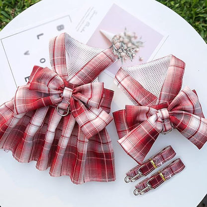 Pet products  Dog Dress Bowknot Harness Leash Set for Small Dogs Girl Cute Plaid Dog Dress Pearls Bow Tie Spring Summer Princess Clothes Birthday Holiday Doggie Outfits for Puppy Cats Girl Apparel