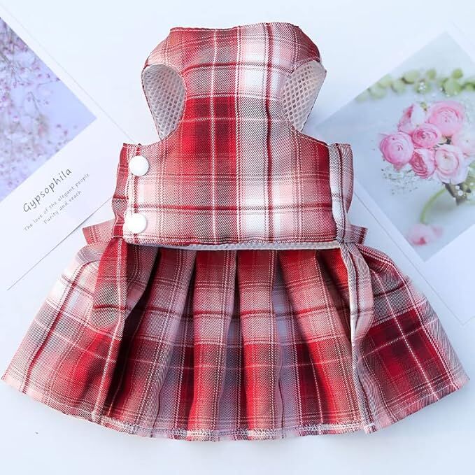 Pet products  Dog Dress Bowknot Harness Leash Set for Small Dogs Girl Cute Plaid Dog Dress Pearls Bow Tie Spring Summer Princess Clothes Birthday Holiday Doggie Outfits for Puppy Cats Girl Apparel