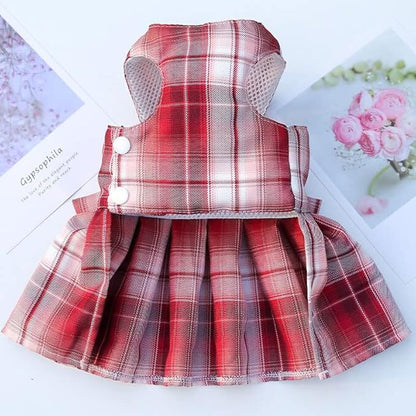 Pet products  Dog Dress Bowknot Harness Leash Set for Small Dogs Girl Cute Plaid Dog Dress Pearls Bow Tie Spring Summer Princess Clothes Birthday Holiday Doggie Outfits for Puppy Cats Girl Apparel
