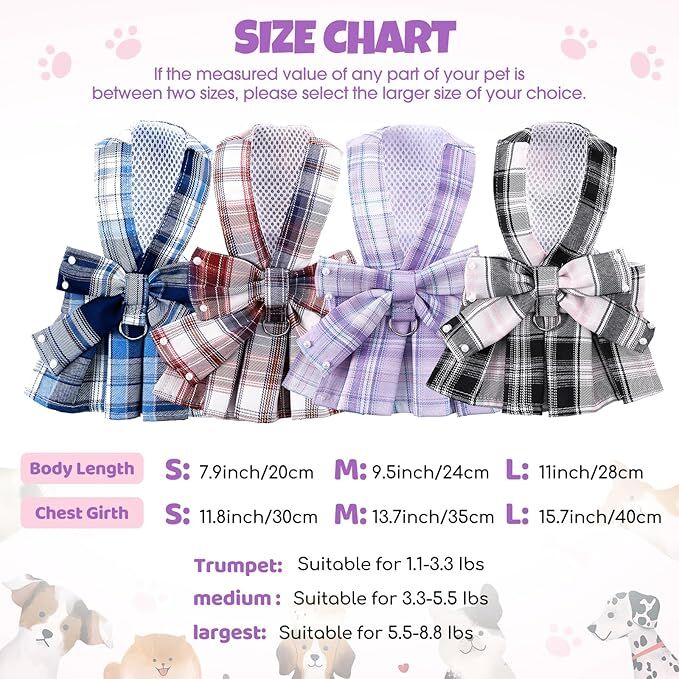 Pet products  Dog Dress Bowknot Harness Leash Set for Small Dogs Girl Cute Plaid Dog Dress Pearls Bow Tie Spring Summer Princess Clothes Birthday Holiday Doggie Outfits for Puppy Cats Girl Apparel