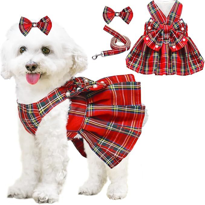 Pet products  Dog Dress Bowknot Harness Leash Set for Small Dogs Girl Cute Plaid Dog Dress Pearls Bow Tie Spring Summer Princess Clothes Birthday Holiday Doggie Outfits for Puppy Cats Girl Apparel
