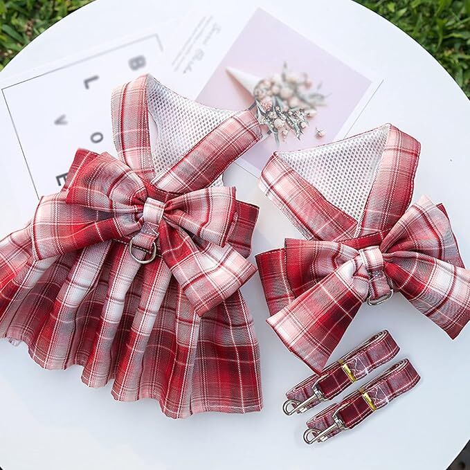 Pet products  Dog Dress Bowknot Harness Leash Set for Small Dogs Girl Cute Plaid Dog Dress Pearls Bow Tie Spring Summer Princess Clothes Birthday Holiday Doggie Outfits for Puppy Cats Girl Apparel