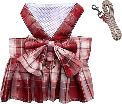 Pet products  Dog Dress Bowknot Harness Leash Set for Small Dogs Girl Cute Plaid Dog Dress Pearls Bow Tie Spring Summer Princess Clothes Birthday Holiday Doggie Outfits for Puppy Cats Girl Apparel