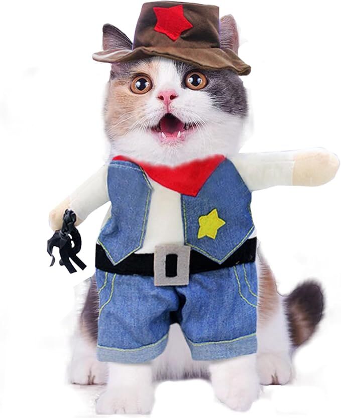 Pet products Small Dog Cowboy Costume with Hat 2pcs Funny Halloween Chucky Costumes Cool West Cowboy Uniform Puppy Denim Overalls Western Cosplay Sheriff Outfits Cat Apparel