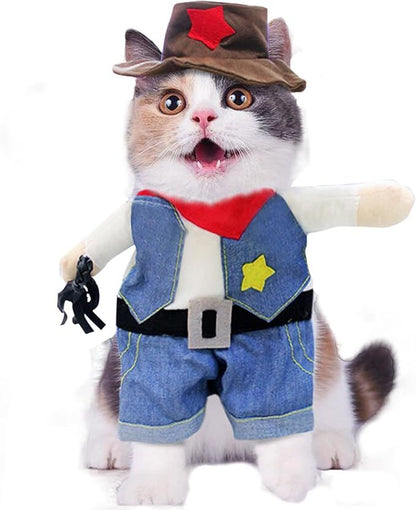 Pet products Small Dog Cowboy Costume with Hat 2pcs Funny Halloween Chucky Costumes Cool West Cowboy Uniform Puppy Denim Overalls Western Cosplay Sheriff Outfits Cat Apparel