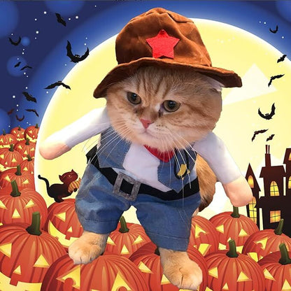 Pet products Small Dog Cowboy Costume with Hat 2pcs Funny Halloween Chucky Costumes Cool West Cowboy Uniform Puppy Denim Overalls Western Cosplay Sheriff Outfits Cat Apparel
