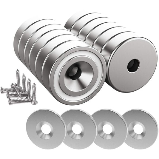 12 pcs Neodymium Magnets 10Kg Force 20 X 7Mm With Hole And Capsule, Countersunk Pot Magnet With Screws And 12 Steel
