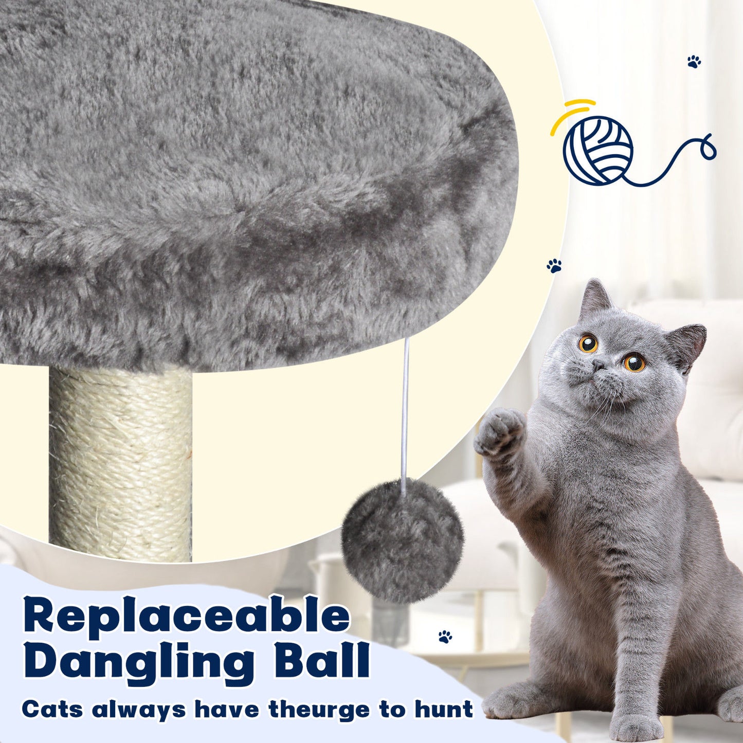 Large Grey Cat Tree Tower Condo with Scratching Post Bed