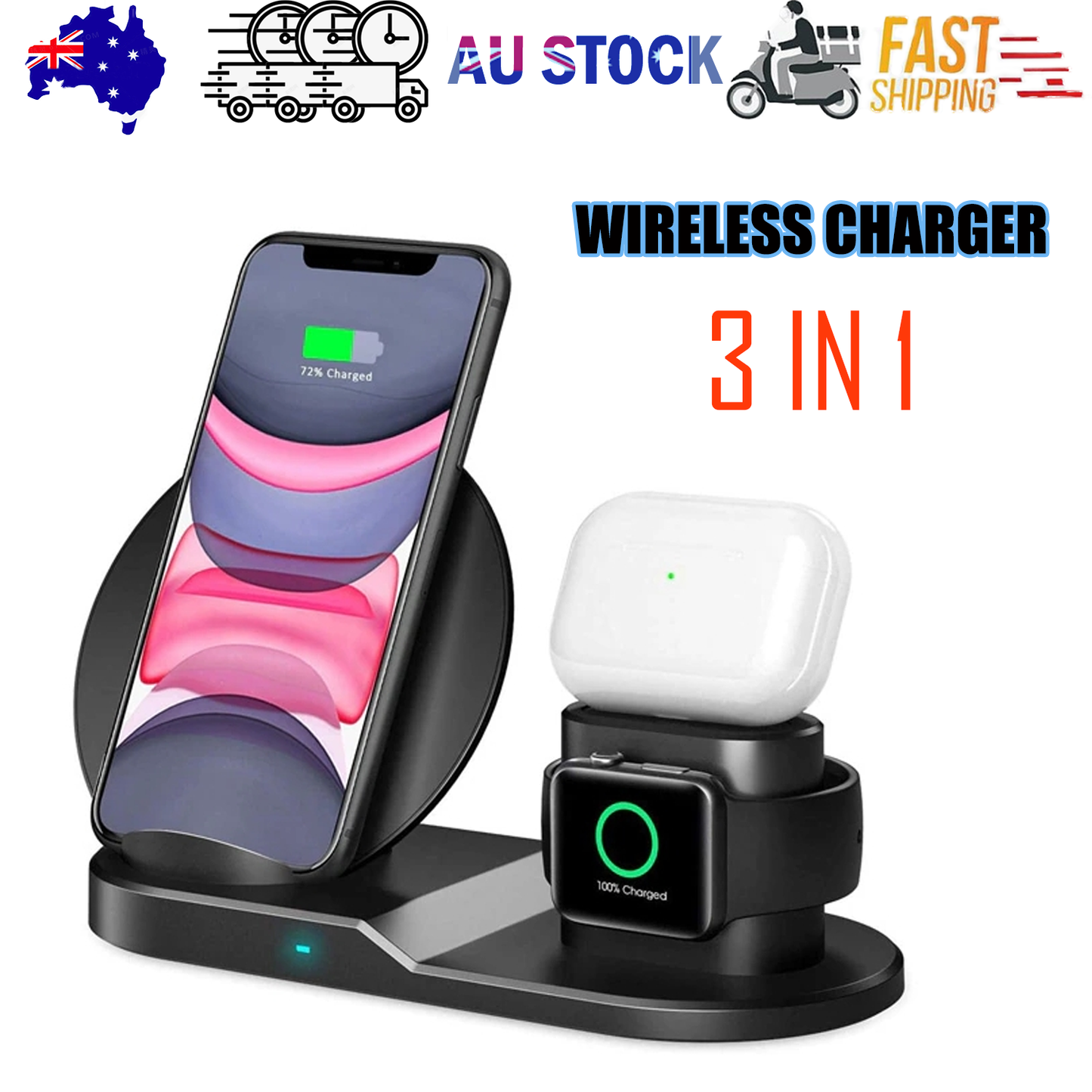 N30 3 in 1 Wireless Charger Qi Fast Charger Stand for iPhone/Samsung/Airpods/Apple Watch-Black