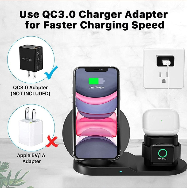 N30 3 in 1 Wireless Charger Qi Fast Charger Stand for iPhone/Samsung/Airpods/Apple Watch-Black