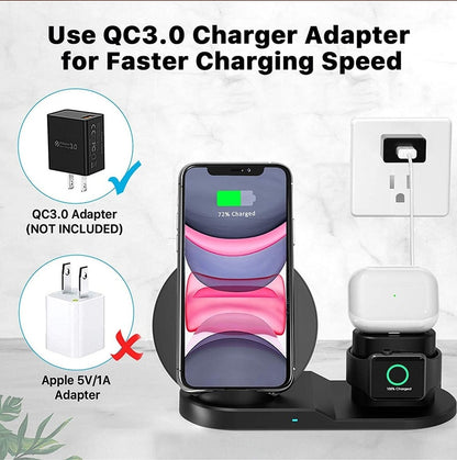 N30 3 in 1 Wireless Charger Qi Fast Charger Stand for iPhone/Samsung/Airpods/Apple Watch-Black