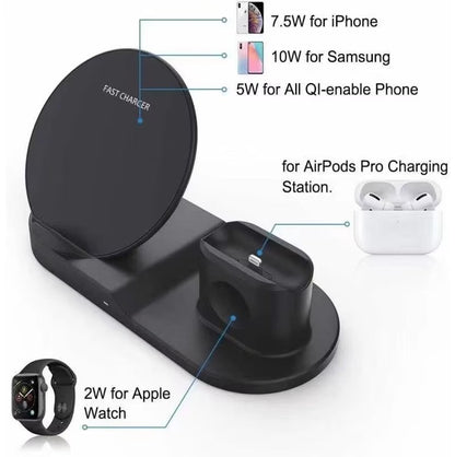 N30 3 in 1 Wireless Charger Qi Fast Charger Stand for iPhone/Samsung/Airpods/Apple Watch-Black