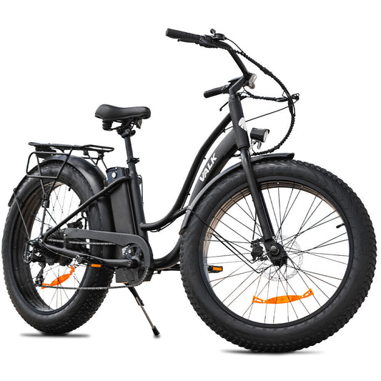 VALK Electric Fat Tyre Cruiser Bike, Step-Through eBike with Throttle, Tektro Hydraulic Brakes, Matte Black
