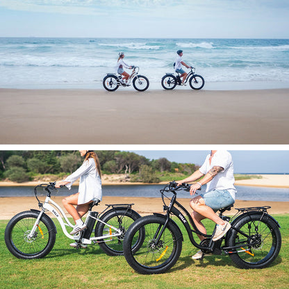 VALK Electric Fat Tyre Cruiser Bike, Step-Through eBike with Throttle, Tektro Hydraulic Brakes, White